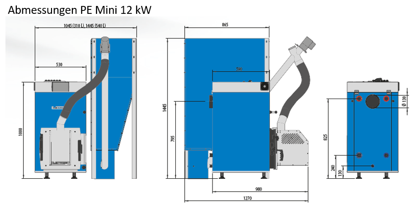 Abmessungen Pelletkessel Pe Mini 12 kW