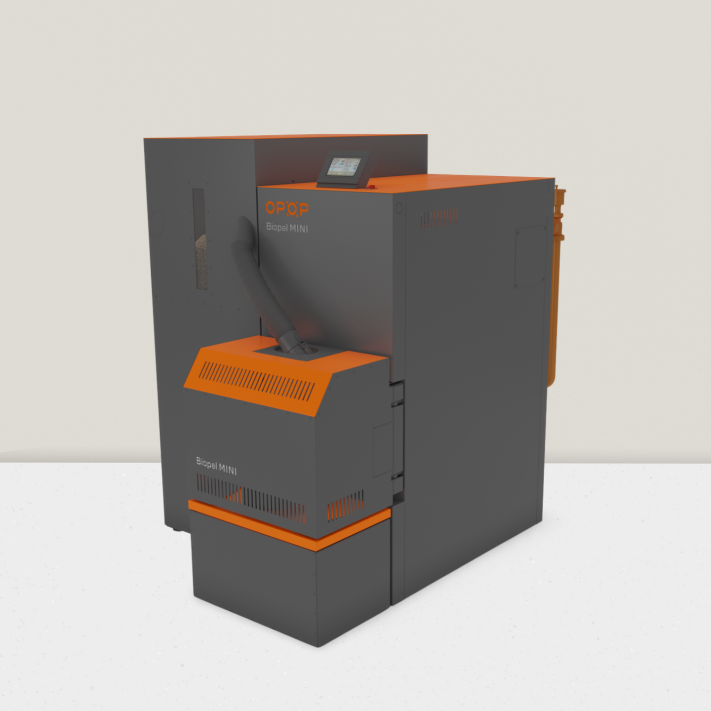 Mini Pelletheizung Biopel sehr gut geeignet für Einfamilienhaus hier die Ansicht von der Seite des Kessels