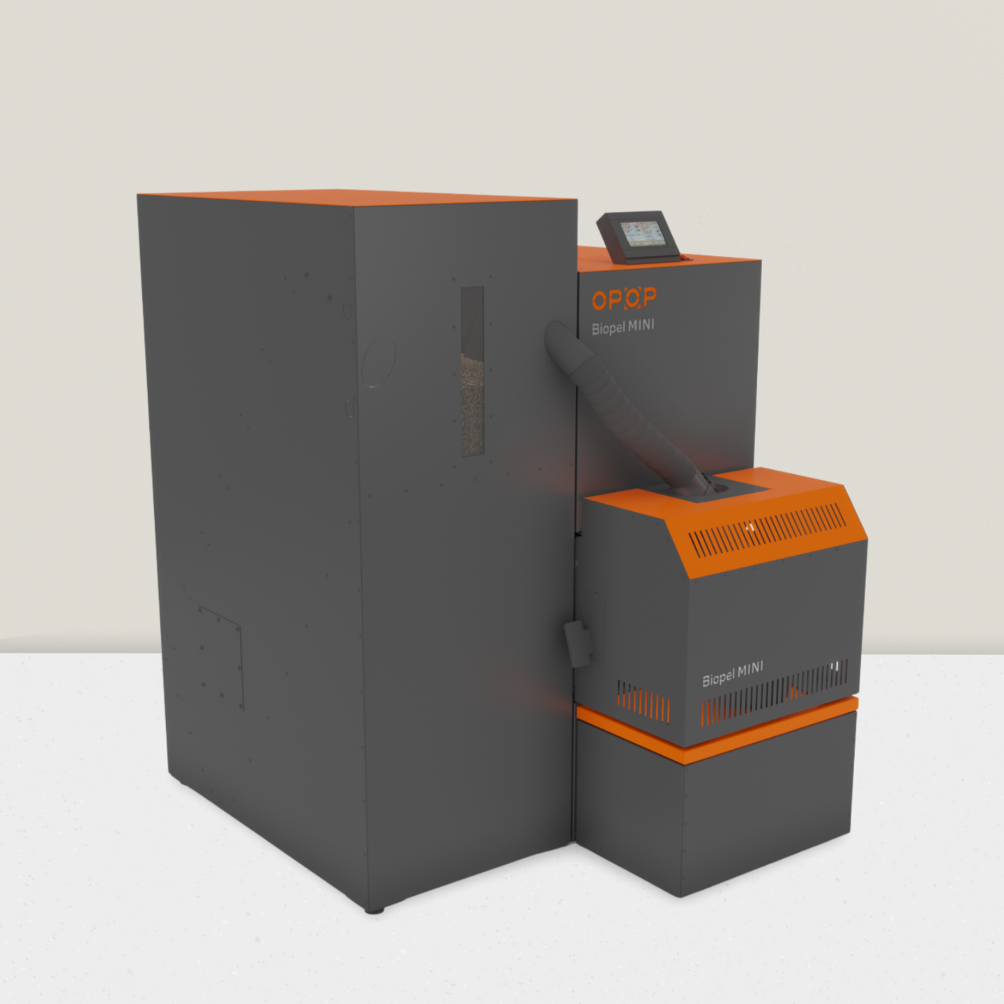 Die Pelletheizung Mini Biopel mit Ansicht auf den Pellet Tank von der Seite