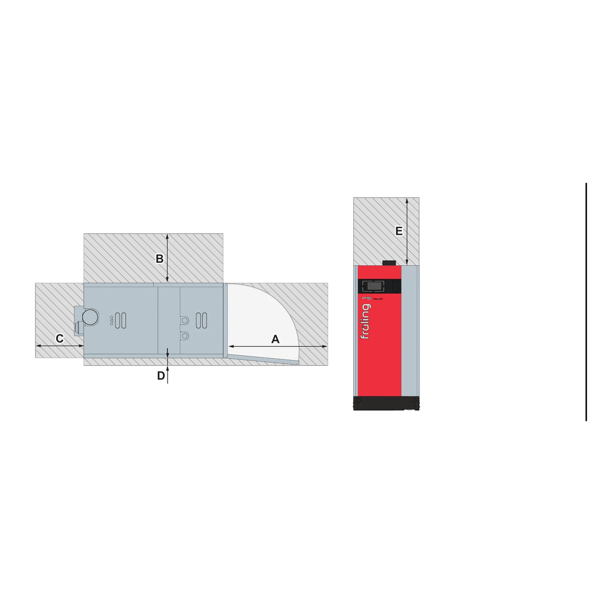 Fröling P5 Pellet 45-105 kW Wartungsbereiche und Mindestabstände im Heizraum