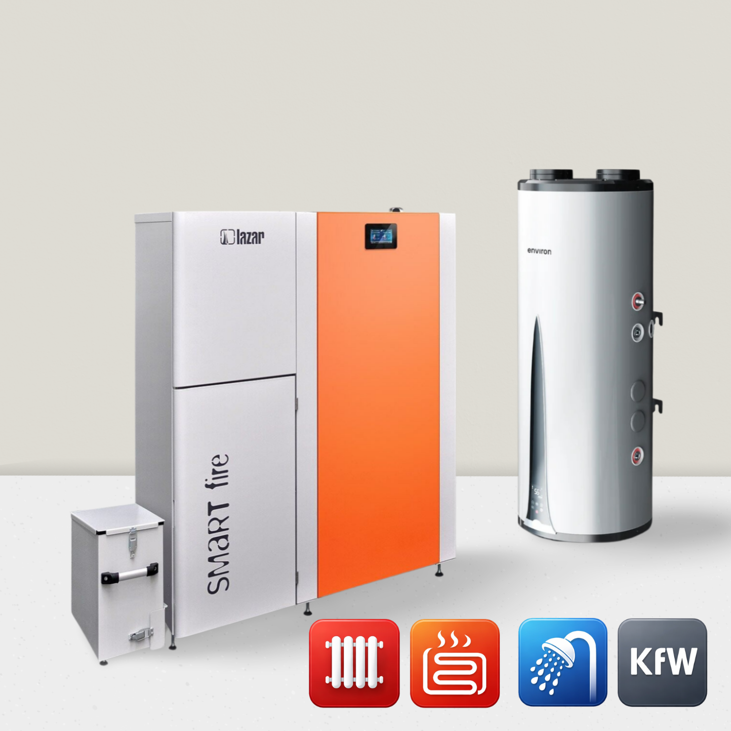 Pelletheizung 15 kW mit Warmwasser Wärmepumpe 200l Komplettset Smartfire 17 und Aquaboost+