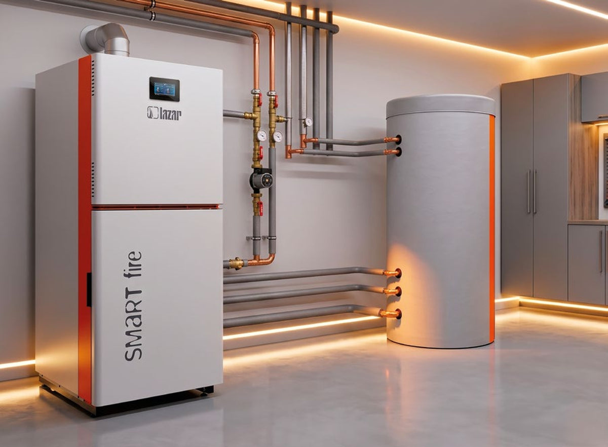 Mini Pelletheizung SmartFire EC T mit Pellettank oben im Heizraum neben Pufferspeicher