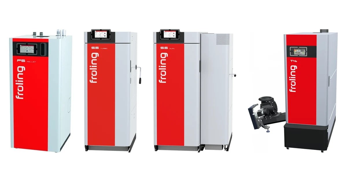 Die vier Fröling-Kessel P5 Pellet, S5 Turbo, S5 Dual und T4e nebeneinander